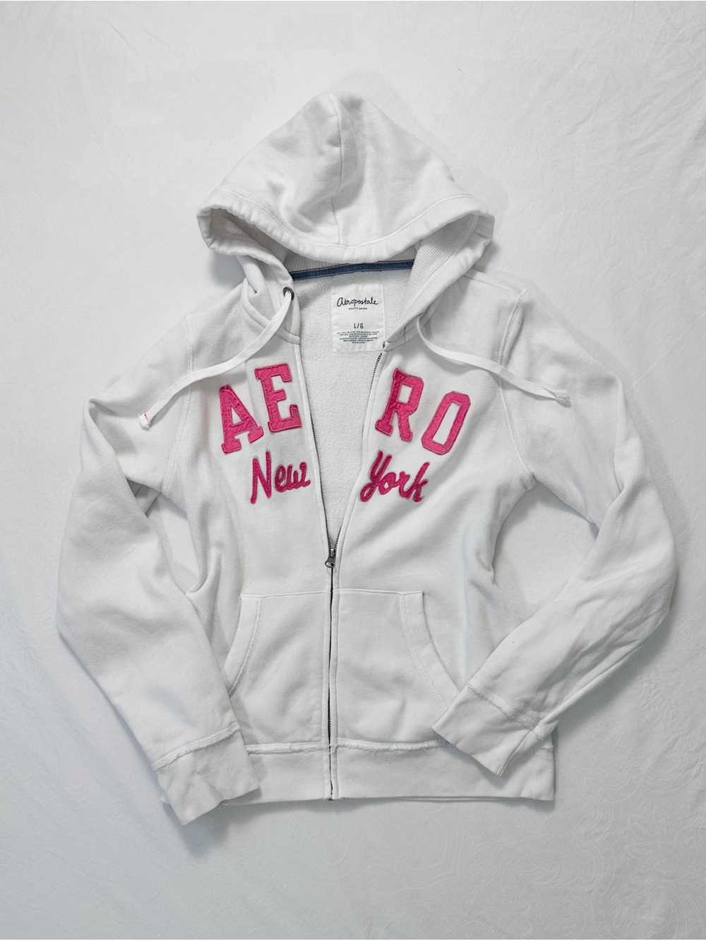 Y2K Aeropostale White Zip-Up Hoodie with Pink Embroidered NEW YORK